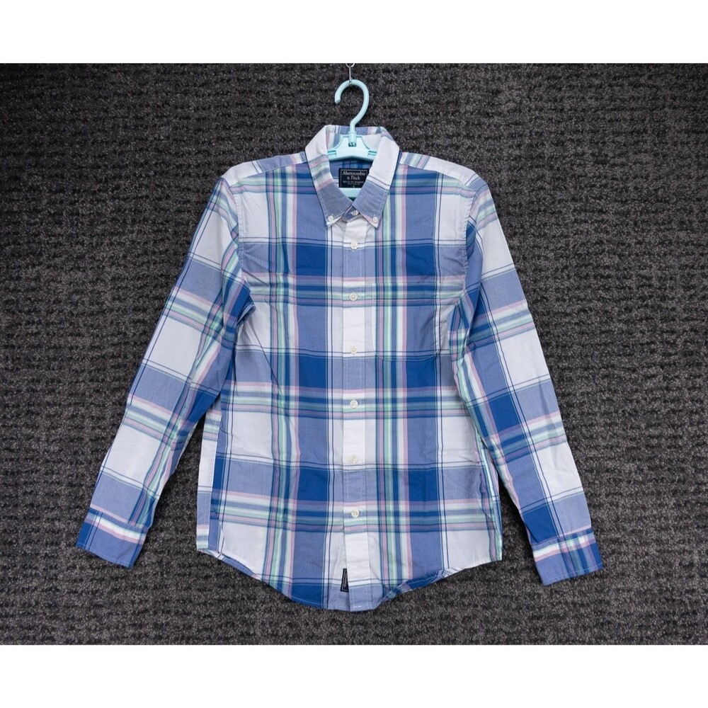 Abercrombie & Fitch Shirt Mens Small Blue White Plaid Long Sleeve Stretch Casual